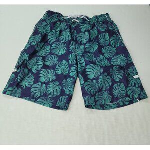 Trunks Swim Short Mens M Blue Green Monsterra Leaf Print Lined 9.5"  Swim Bottom